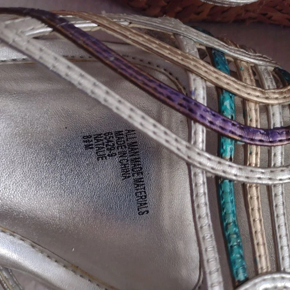 Connie Metallic Strappy Slingback Wedge 8.5 M Silver Straw Sandals - Picture 2 of 11